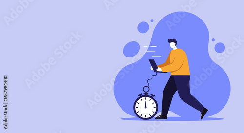 An energetic man works on his laptop while running with a stopwatch, symbolizing productivity, time management, and fast-paced business deadlines.