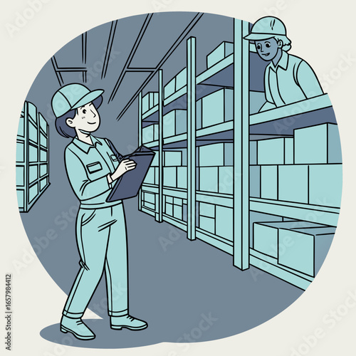Vector art of two warehouse workers are inspecting inventory on shelves with a clipboard, wearing uniforms and hardhats in a warehouse