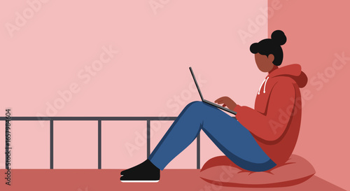 Person working on laptop from a cozy balcony or patio. Represents flexible work, online learning, remote business, and digital lifestyle.