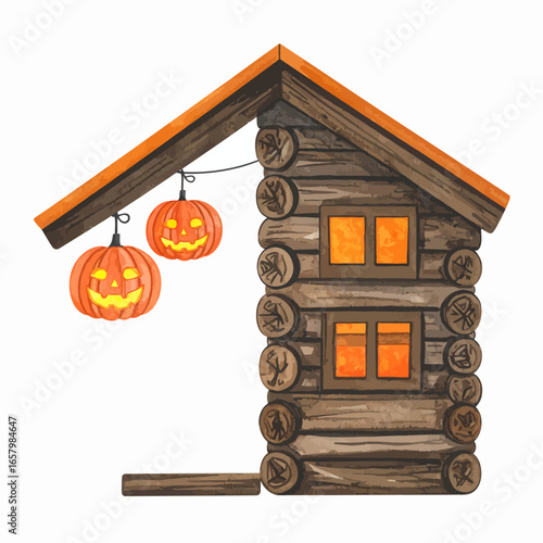 Rustic Log Cabin with Halloween Pumpkin Lights Decoration