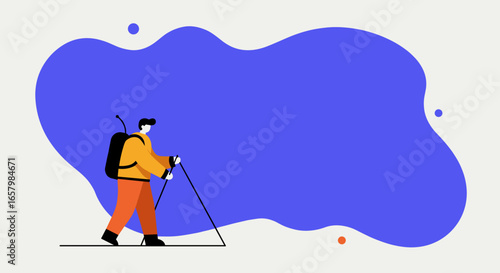 Minimalist illustration of a person hiking with a backpack and trekking poles, symbolizing adventure, health, and outdoor exploration. Ideal for travel, lifestyle, or fitness concepts.