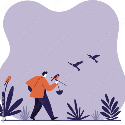 A man walks through a serene park, feeding birds with a feeder and a bird perched on his stick, symbolizing nature care and freedom.