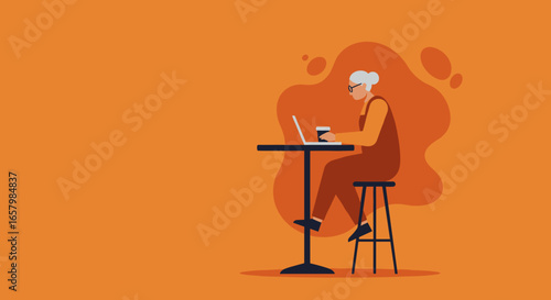 Photos Modern senior woman working on laptop at a cafe, enjoying coffee