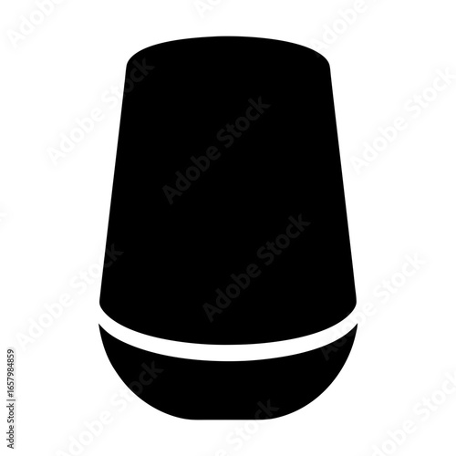 Black opaque container with cylindrical top and rounded, partially covered bottom