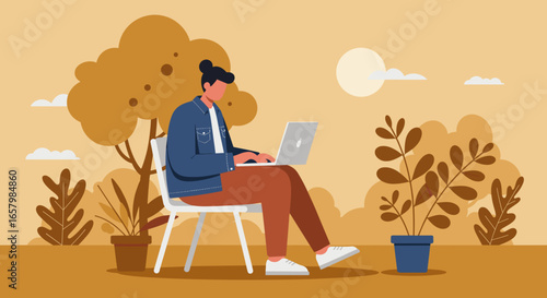 Person working on a laptop outdoors amidst nature. Represents remote work, freelancing, education, and a flexible digital lifestyle.