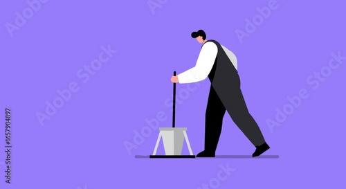 A professional cleaner uses a mop and bucket, symbolizing diligent maintenance, tidiness, and essential service in a clean environment.