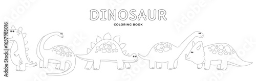 Collection of dino characters for coloring book. Childish Dinosaur doodle drawing set. Coloring page for kids.  