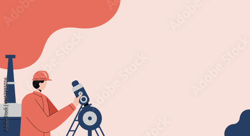 Engineer with scientific instrument near industrial structure. Represents energy, environment, and industrial development. Business concept.