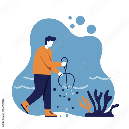 A person cleans debris from an underwater environment, symbolizing environmental conservation and water purification. Suitable for ecological projects or sustainability initiatives.