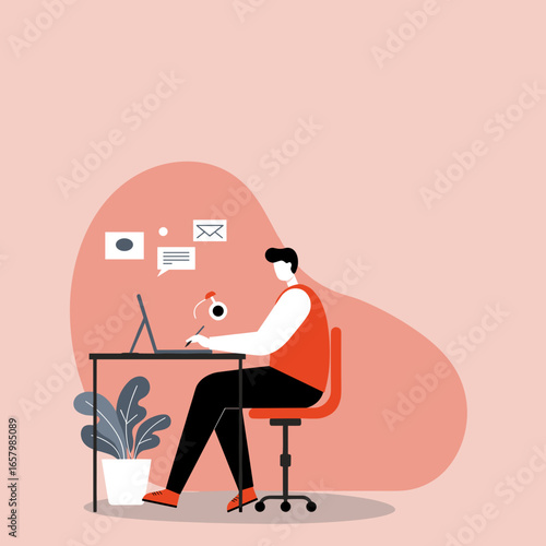 A focused professional works on a laptop at a modern desk in a home office, representing remote work, digital communication, and productivity. Ideal for business.