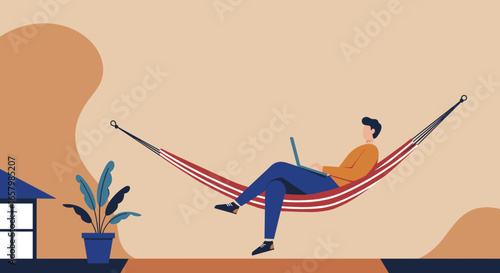 Man works remotely on laptop from a comfortable hammock, illustrating flexible work, digital nomad lifestyle, and work-life balance.