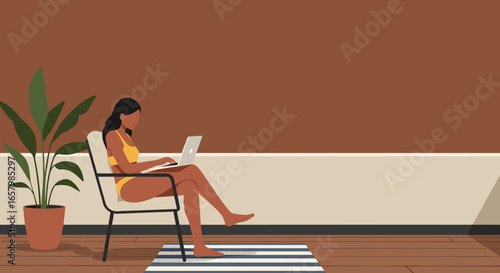 Woman in swimwear works remotely on a laptop from a relaxing outdoor patio. Ideal for concepts of summer productivity, vacation work, or digital nomad lifestyle.