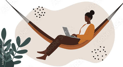Woman relaxing in a hammock while working on her laptop, embodying remote work, digital nomad lifestyle, and work-life balance concepts.