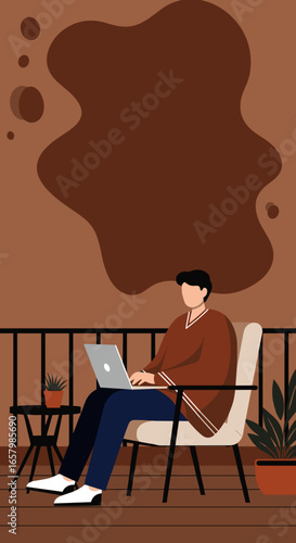 Young man working efficiently on his laptop from a cozy home balcony, highlighting remote work, freelancing, and digital lifestyle.