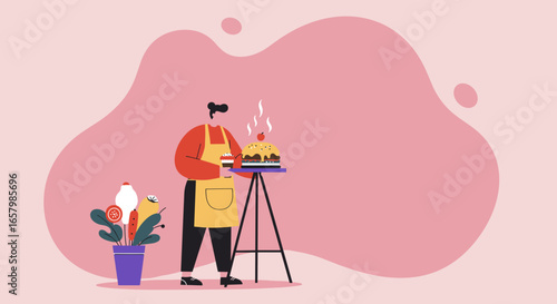 A vibrant illustration of a chef or baker proudly presenting a freshly made cake and cupcake, symbolizing culinary creativity and homemade delight. Ideal for food, hobby, or lifestyle content.
