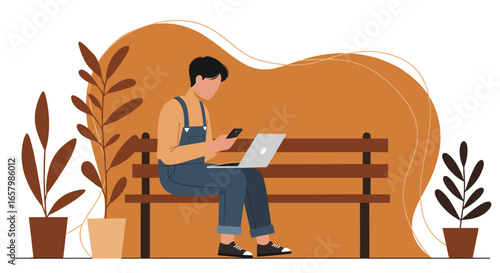 Young person working remotely on a laptop and phone while sitting on a bench outdoors. Depicts modern freelance lifestyle, connectivity, and digital communication.