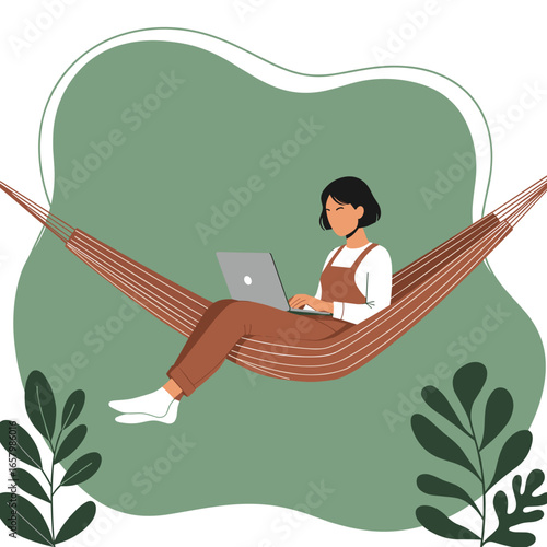 Young person comfortably working on a laptop in a hammock amidst a calm, green setting. Ideal for remote work, flexible lifestyle, or digital nomad concepts.