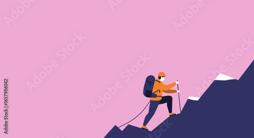 Minimalist illustration of a person climbing a snowy mountain peak with gear. Represents adventure, determination, success, and overcoming challenges in travel or business.