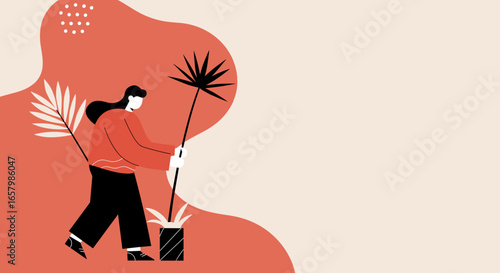 Modern flat illustration of a person carrying potted plants, symbolizing home decor, green living, and a fresh start. Ideal for lifestyle and wellness concepts.