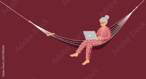 An elderly woman in pajamas relaxes comfortably in a hammock, diligently working on her laptop. Ideal for remote work, retirement, or online lifestyle concepts.