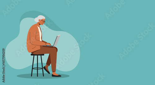 Senior woman using laptop, learning or working online. Represents modern elder, digital literacy, remote connectivity, and active retirement lifestyle.