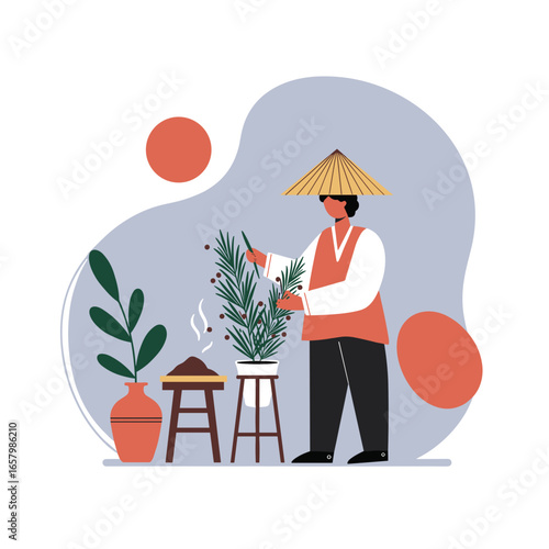 Person in a traditional conical hat tending to a plant, possibly processing coffee or tea. Depicts a unique cultural lifestyle.