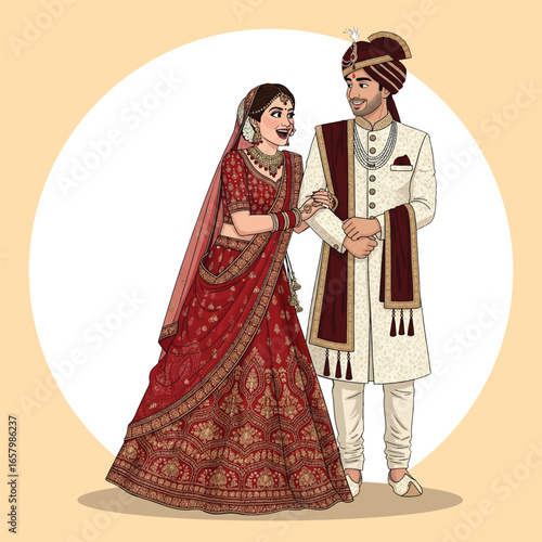 Traditional Indian Wedding Couple Illustration – Bride in Red Lehenga and Groom in White Sherwani