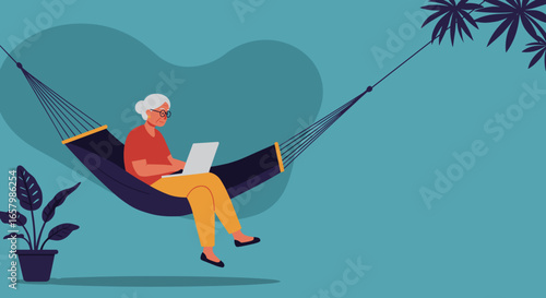 Senior woman happily uses a laptop while relaxing in a hammock outdoors. Represents digital connectivity, remote work, retirement, and a peaceful lifestyle.
