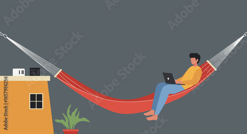 Person working on laptop in a hammock, showcasing remote work, comfort, and a flexible lifestyle. Ideal for digital nomad or work-life balance concepts.