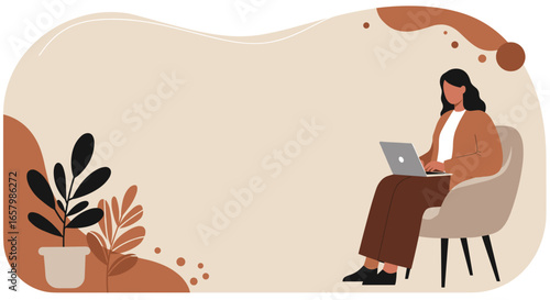 Woman working remotely on laptop in a modern, calm setting with plants. Ideal for themes of online education, freelancing, or work-life balance.
