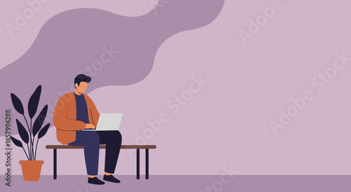 A man works on his laptop, sitting on a bench next to a potted plant, representing remote work, online learning, or digital business.