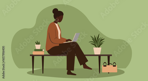 Focused Black woman working remotely on laptop in a calm, modern setting. Ideal for concepts of productivity, digital nomad lifestyle, online learning, or flexible work.