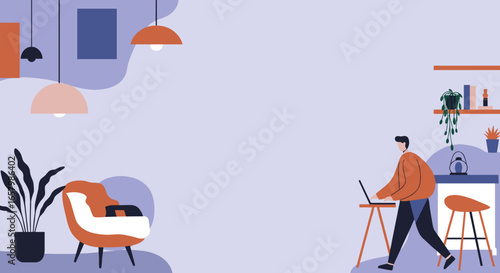 A man works on his laptop in a modern, comfortable home office, embodying remote work and a productive lifestyle. Perfect for business and technology themes.