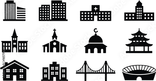 Collection of diverse building icons representing architecture and landmarks