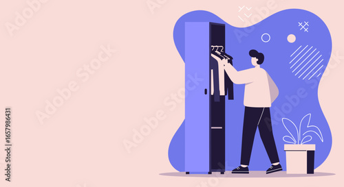 Minimalist illustration of a person organizing clothes in a locker or closet, depicting daily routine, personal storage, and lifestyle.