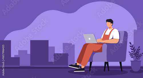 Relaxed man working remotely on his laptop from a cozy armchair, overlooking a cityscape. Represents modern freelance and flexible lifestyle.