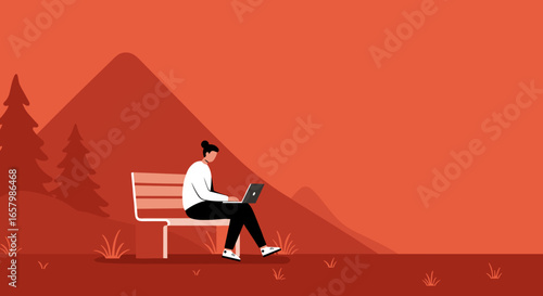 Minimalist illustration of a person focused on a laptop outdoors. Depicts remote work, digital lifestyle, and flexibility in nature.