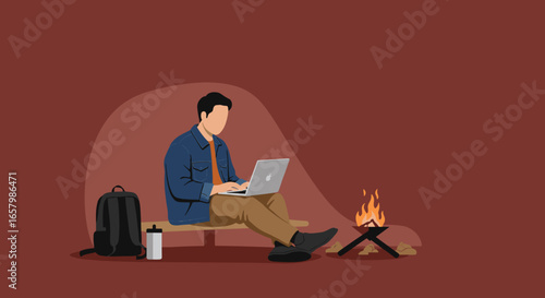 Man remotely working on a laptop by a campfire, depicting a digital nomad lifestyle, flexible work, and outdoor productivity. Ideal for tech, travel, and business.