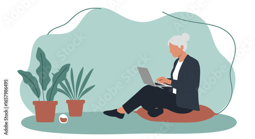 Senior woman working remotely on laptop at home, surrounded by plants. Represents comfortable remote work, online learning, or digital lifestyle.