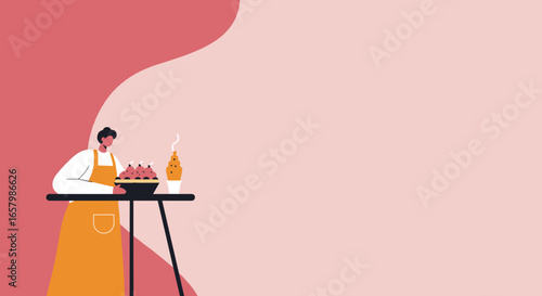 Illustrated baker in an apron preparing a bowl of cupcakes and a pastry on a table. Ideal for culinary themes, small business, and sweet treat concepts.
