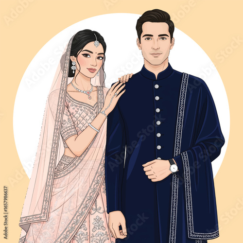 Elegant Indian Wedding Couple Illustration – Bride in Pink Lehenga and Groom in Blue Sherwani