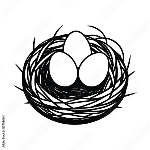 bird nest with three eggs line art on white background 