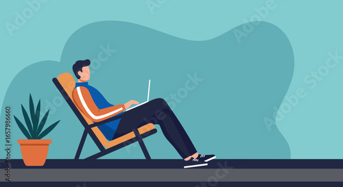 Man relaxes in a lounge chair working on laptop, embodying remote work flexibility and comfortable productivity at home or a casual setting. Ideal for lifestyle and business concepts.