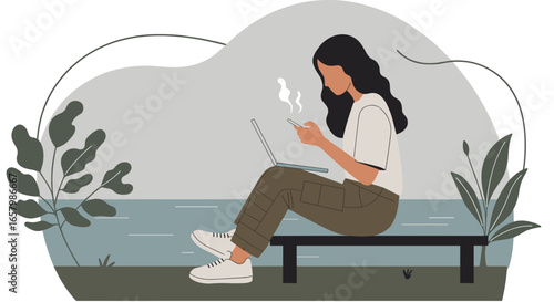 Woman relaxing outdoors, working remotely with laptop and phone by the water. Represents flexible work, digital lifestyle, and connectivity.