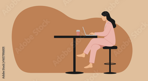 Woman in pajamas working comfortably on laptop at home. Ideal for remote work, online learning, or freelance lifestyle concepts.