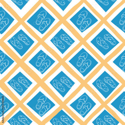 Seamless pattern with hand drawn sandals and flip flops on blue squares and diagonal orange grid. Concept of summer, beachwear, and tropical casual style in graphic design
