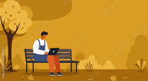 A person works on a laptop in a tranquil park setting, embodying modern remote work and digital lifestyle flexibility.