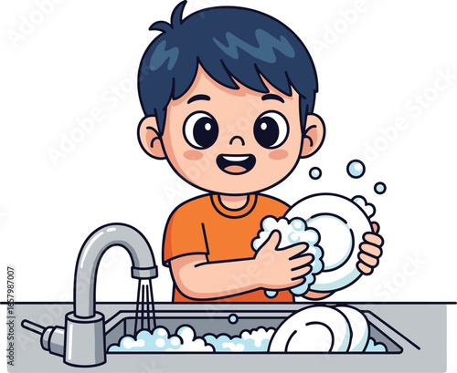 Cartoon child washing dishes, kitchen sink, soap suds, running water, household chore, cleanliness, vector illustration, daily routine, responsibility