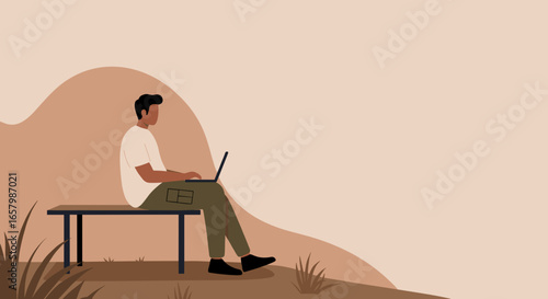 Person using a laptop while sitting on a bench outdoors, symbolizing flexible work, remote productivity, and a modern digital lifestyle.