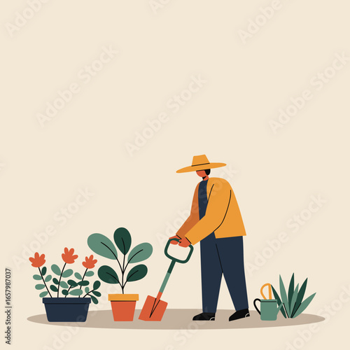 Person planting a sapling in a garden with potted flowers, embodying a peaceful lifestyle and connection to nature. Ideal for gardening, environmental, or hobby concepts.